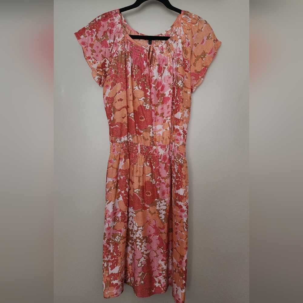 Talbots Silk Floral Dress With Smocked Neckline And Waist  -ORANGE/PINK -XS